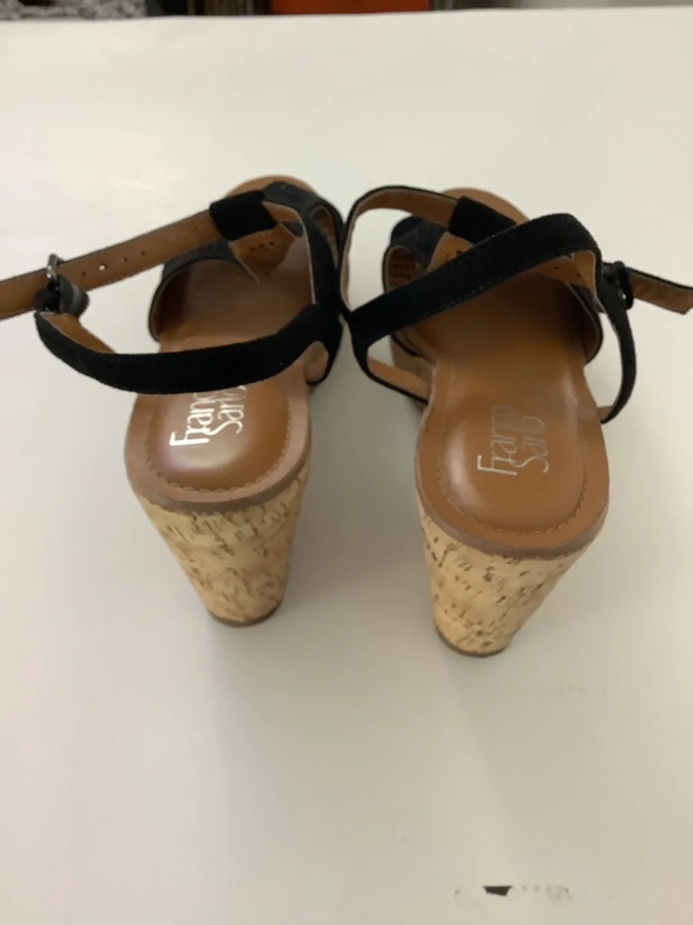 Franco Sarto Black Perforated T-Strap 4” Cork Wedge Sandals